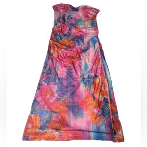 Anthropologie Strapless Floral Mesh Ruched Midi Dress Pink Multicolor XL Lined